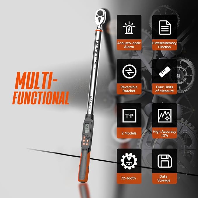 SUZUME Digital Torque Wrench (12.5-250.9 Ft. Lb/ 17-340.2 N.m) ±2% High Accuracy Digital Torque Wrench 1/2 Drive Dual-Direction Adjustable Torque Wrenches Digital with Buzzer and LED Flash