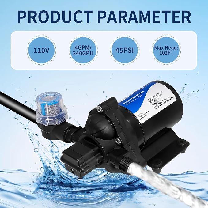 110V AC Water Pressure Booster Pump for RV,45PSI 4GPM Camper Transfer Pump with Plug,On Demand 3-Chamber Self-Priming Water Pump with Filter for Marine Yacht Caravan Garden Hose Bathroom