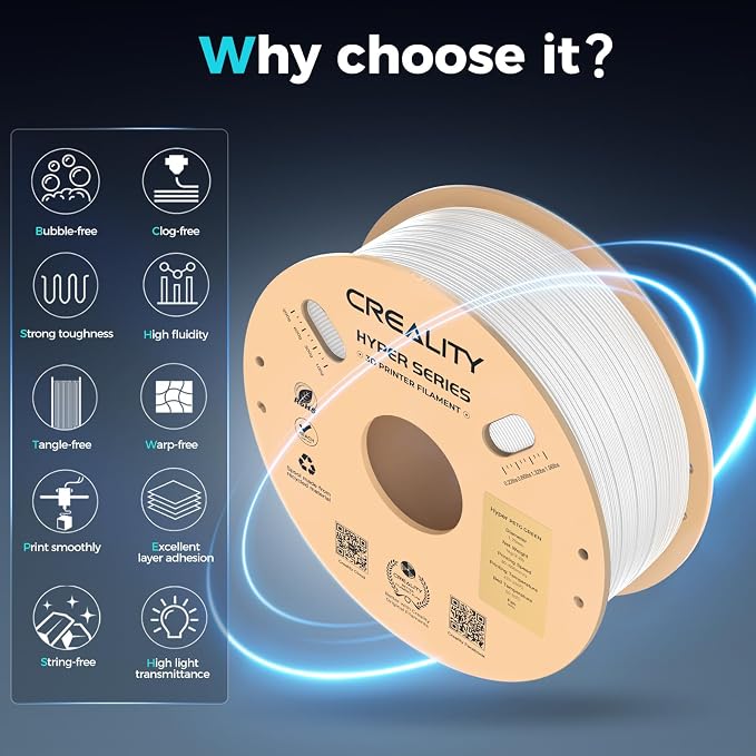 Creality PETG Filament, Hyper 1.75 mm 1 kg PETG: High-Speed 3D Printer Filament 30-600 mm/s, Dimensional Accuracy +/- 0.02 Cardboard Spool (2.2 lbs) for Most FDM 3D Printers,White