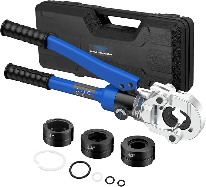 Copper pipe Pro press crimper 8 Ton Hydraulic Tube Fittings Crimping Tool with Vus Dies 1/2", 3/4", 1", 360° Rotating Head Storage Case For Plumbers, Electricians, HVAC Techs