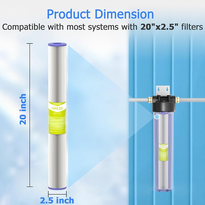 20 Micron Whole House Water Filter Cartridge, Pleated Sediment Filters for Well Water, Universal Replacement for Any 20 inch Silm Housings - 20" x 2.5" Cartridges - Pack of 6