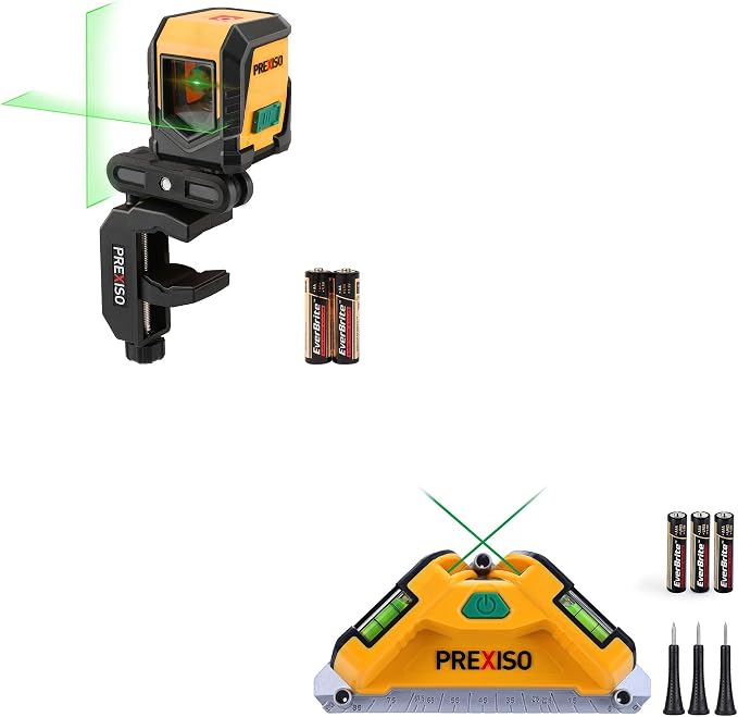 PREXISO Square Laser-65Ft Green Beam Floor Tile Laser Level & PREXISO 65Ft Laser Level Self-Leveling with Rotatable Mount Clamp