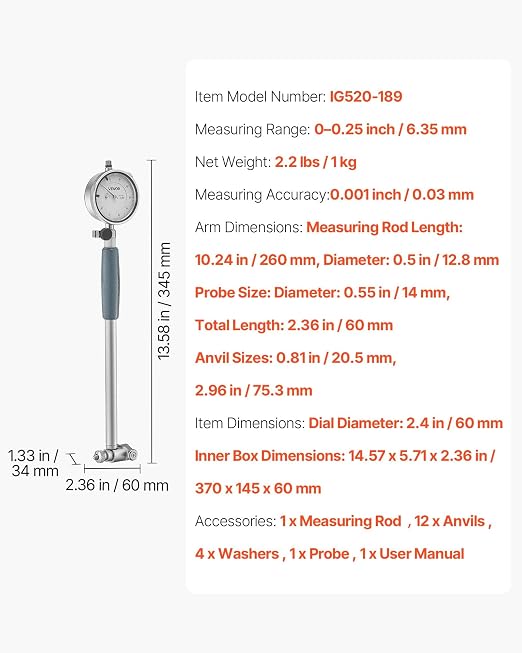 VEVOR Dial Test Indicator and Bore Gauge Measuring Tool Set, Dial Indicator 0.001 inch Accuracy, 2-6 inch Bore Range with Rod, Storage Case, Anvils for Industrial Machining Measurements