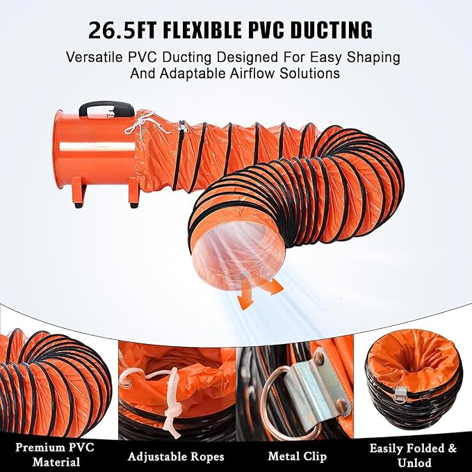 12-Inch Industrial Blower Fan, High-Powered 3200 CFM Portable Blower/Exhaust Fan with 27ft Flexible Hose, 15ft Cable/Plug, Heavy-Duty Exhaust Fan for Construction, Workshops All-copper wire motors