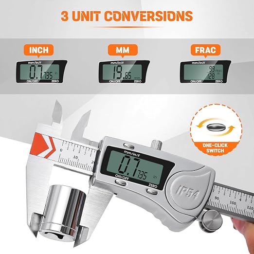 HARDELL Digital Caliper, IP54 Waterproof Caliper Measuring Tool with 3-Batteries & Extra Cover, All Stainless Steel Heavy-Duty Vernier Caliper Micrometer, Inch/MM/Fraction for DIY/3D-Printing