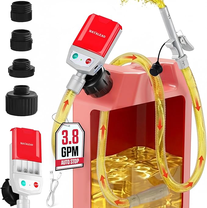 MAYALEAD Automatic Electric Fuel Transfer Pump, 3.8 GPM Portable Gas Can Pump, 51" Extra Long Hose, Battery or USB Powered, 4 Size Adapters with Leak Protection for Gasoline, Diesel, Kerosene, Oil