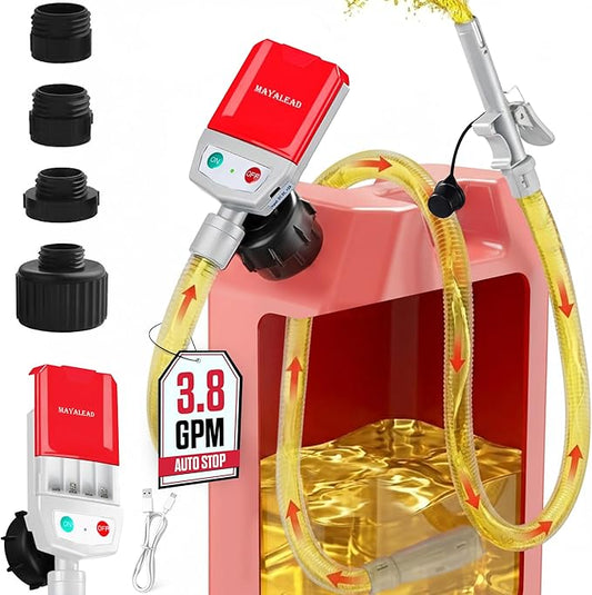 MAYALEAD Automatic Electric Fuel Transfer Pump, 3.8 GPM Portable Gas Can Pump, 51" Extra Long Hose, Battery or USB Powered, 4 Size Adapters with Leak Protection for Gasoline, Diesel, Kerosene, Oil