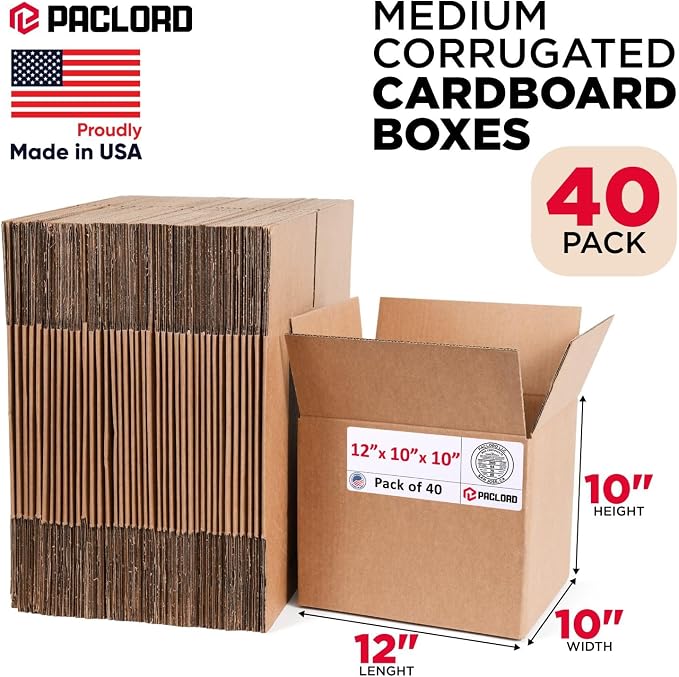 Medium Cardboard Boxes 12"L x 10"W x 10"H (Pack of 40) - USA-Made Packing Boxes for Moving, Shipping, or Storage - USPS, UPS, FedEx Approved - Professional Packing Supplies for Moving | USA-Made Packing Boxes for Moving, Shipping, or Storage - USPS, UP...