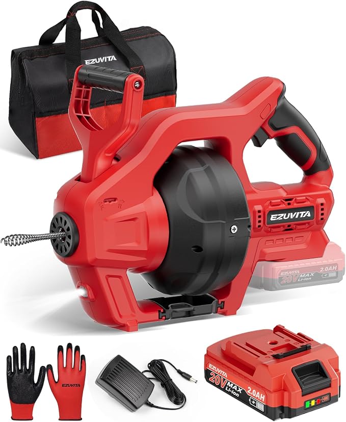 20V Cordless Electric Drain Snake, 25Ft Replaceable Cable with 2.0Ah Battery & Fast Charger, Bag & Gloves for Sink & Sewer, Clears 3/4"-2" Pipes, Father's Day Gift