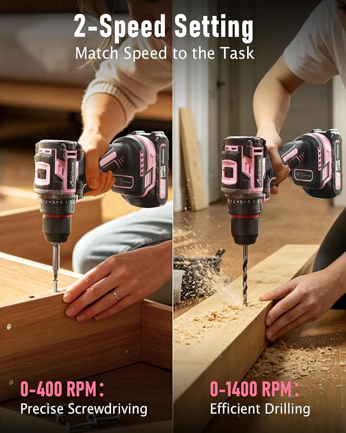 AVID POWER Brushless Power Drill Set, 20V Cordless Drill Driver Kit with 2.0Ah Battery and Charger, 3/8-Inch Metal Chuck, 355 In-lbs Torque, 2-Variable Speed, 26 Position and 22pcs Accessories-Pink