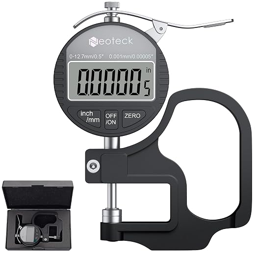 Neoteck Digital Thickness Gauge 0.5inch/12.7mm,0.00005inch/0.001mm LCD Display with Inch/MM Conversion One-Hand Quick Press Thickness Measuring Tool for Leather Paper Fabric Film etc.-Silver-Black