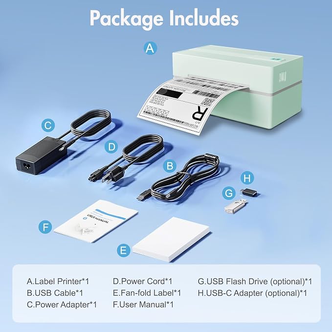 Bluetooth Thermal Shipping Label Printer: 4x6 Wireless Label Maker with Tape for Small Business - Compatible with iPhone, Android, Windows & Mac, Widely Used for USPS UPS Amazon Shopify, Green