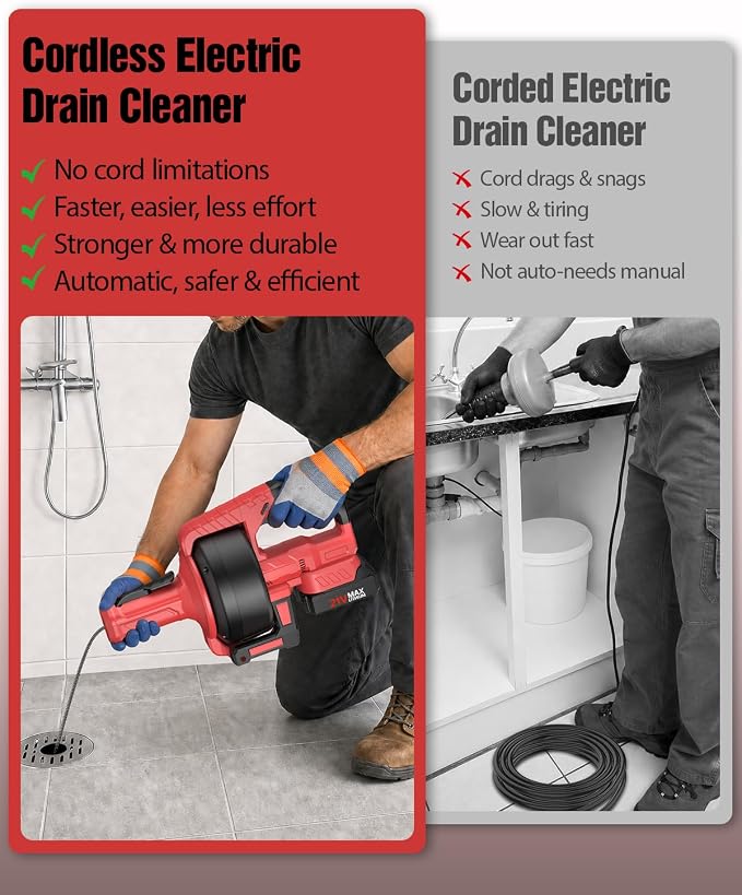 Ublue 21V Cordless Electric Drain Auger, 25Ft Auto Feed Drain Snake for Clog Remover with 2.0Ah Battery, Plumbing Snake for Sink Toilet Bathroom Shower Pipes 3/4"-2.95", Included Bag Gloves Rag