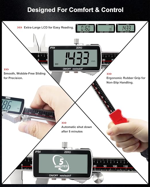 Digital Caliper 12 Inch, ±0.001" High Precision, Rechargeable & IP54 Calipers Measuring Tool, Stainless Steel Vernier Caliper 300mm with Large LCD, MM/Inch/F, Rubber Grip for 3D Printing, Machine Shop