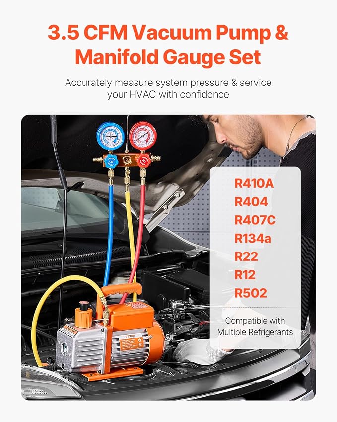 VEVOR 3.5 CFM AC Vacuum Pump and Gauge Set, Single Stage Rotary Vane HVAC Air Vacuum Pump, A/C Refrigerant Manifold Gauge Kit, with Hoses, for R134a, R12, R22, R502a, R410A, R404, R407C Refrigerants