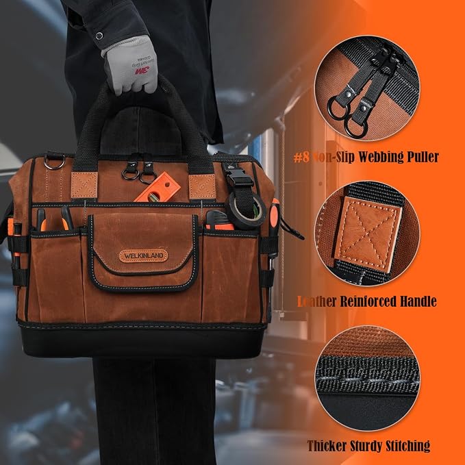 WELKINLAND 22-Pockets Hard Bottom Tool Bag, 14-Inch Waxed Canvas Tools Bag, 25L Heavy Duty Electrician Bags, HVAC Service Bags, Mechanic, Technician Tool Bag