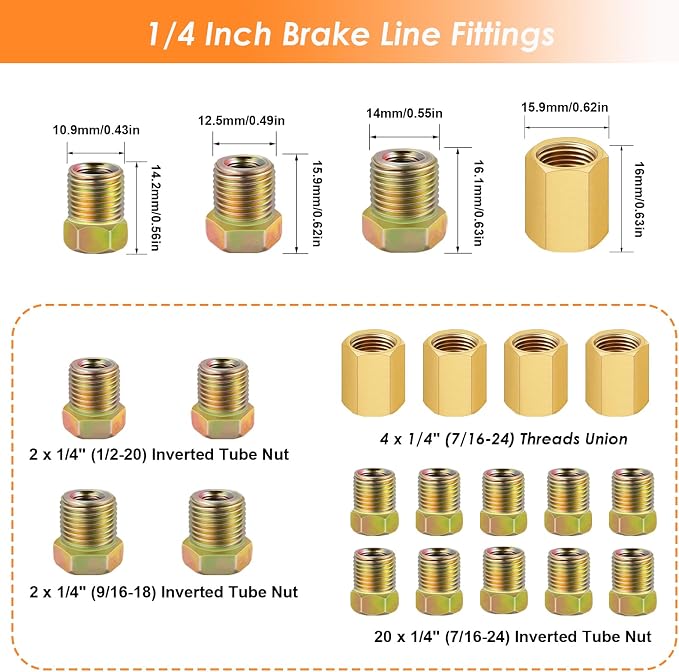 25 ft 1/4Inch Copper Coated Brake Line Kit(Includes 24 Fittings and 4 Unions) with Double & Single Flaring Tool Kit