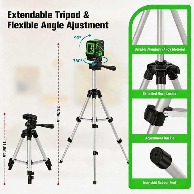 Laser Level with Tripod, 100 feet Green Cross Line Self Rotary Leveling Laser Level, Vertical and Horizontal Line, Rotatable 360 Degree, Manual Self leveling and Pulse Mode, IP54 Waterproof & Battery1