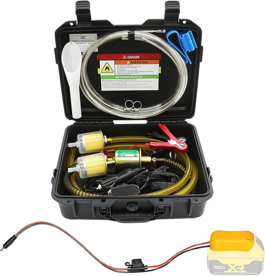 24V 30GPH Fuel Transfer Pump Set with Patented Pulley Lead Pipe & Battery Adapter, Compatible with DeWalt 20V Battery, for Vehicles, Boats (30GPH 24V, Pump with Yellow Adapter)