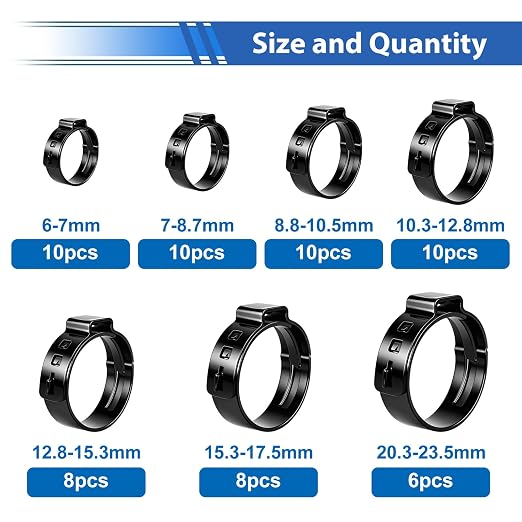 62Pcs 7 Sizes 304 Stainless Steel Black Single Ear Hose Clamps 6-23.5mm Crimp Hose Clamps Assortment Kit Perfect for Automotive/Home Appliance/Water Pipe and Fuel Line