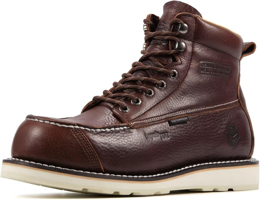 SUREWAY Mens 6" Heavy Duty Waterproof Work Boots - Composite Toe, EH Construction Industrial Safety Leather Boots, Lace Up Moc Toe, Oil/Slip Resistant Comfortable Outsole
