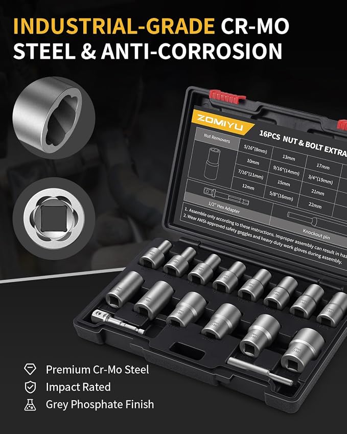 16Pcs Bolt Extractor Kit, 1/2" Drive Impact Lug Nut Removal Tool, Stripped Bolt Extractor for Removing Damaged, Frozen, Rusted, Rounded-Off Bolts & Nuts, Industrial Grade Cr-Mo Steel
