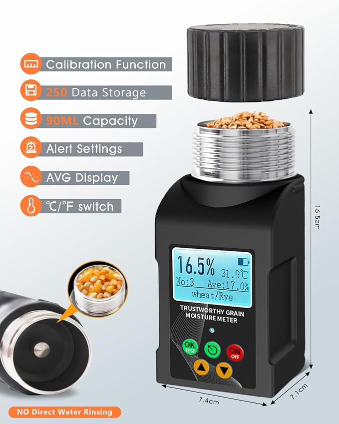Grain Moisture Meter for 40 Crops, Digital Grain Moisture Tester with Temperature Display for Wheat, Barley, Corn, Oats, Canola, Soybeans