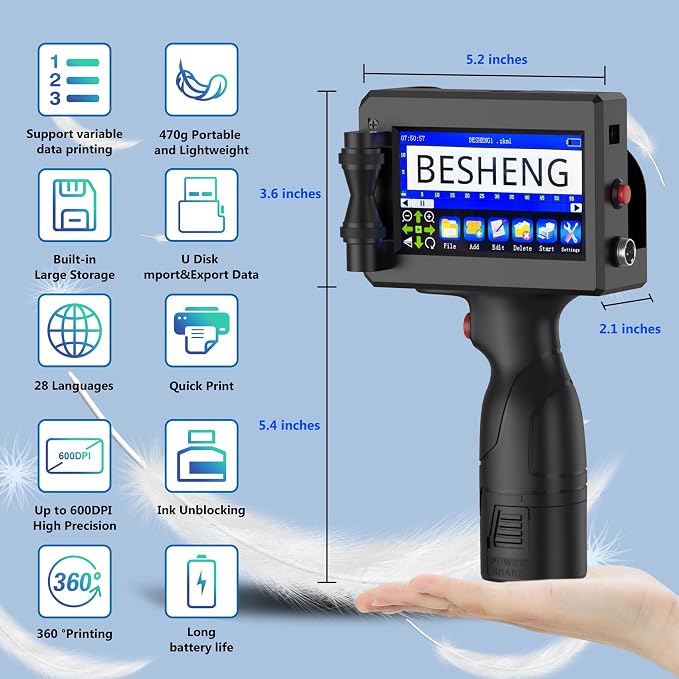 Handheld Inkjet Printer Gun PT3000 Printing Height 0.08-0.5Inch Inkjet Coder with Original Fast-Drying Ink for Text QRCode/Barcode/Batch Number/Label/Image/Date Printer with Touch Screen