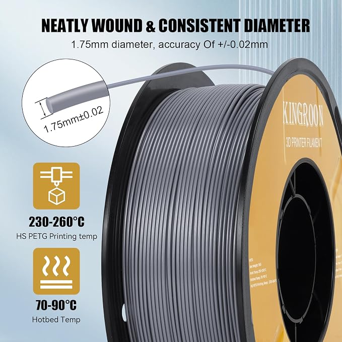 Kingroon High Speed PETG 3D Printer Filament 1.75mm, 3D Printer Rapid Filament for 30-600mm/s Hyper Printing Filament, Dimensional Accuracy +/- 0.03 mm, 1kg Plastic Spool(2.2lbs) (Silver)