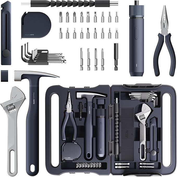 HOTO 40-Piece Tool Kit, Household Essentials Tool Set w/Smart Electric Screwdriver (LED, 3 Torque) + 14 Tools & 26 Accessories Including Allen Wrenches Sets | Pro-Grade Compact Organizer