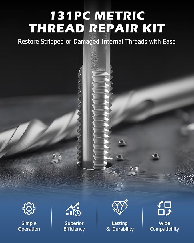 DAYUAN 131Pcs Metric Helicoil Thread Repair Kit, HSS Drill Heli Coil Repair | M5-M12 Sizes，HSS Drill Bits & Taps，Stainless Steel Inserts，Repairs Stripped Threads，Storage Case