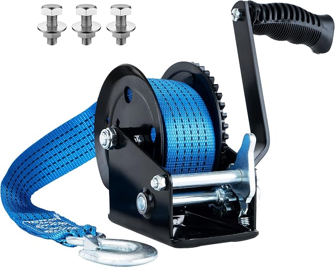 2000lbs Heavy Duty Boat Trailer Winch with 26FT Strap, 2-Way Ratchet & 4:1 Gear Trailer Winch, Portable Hand Crank Winch for Boat, Truck, Trailer, RV, ATV, Jet Ski