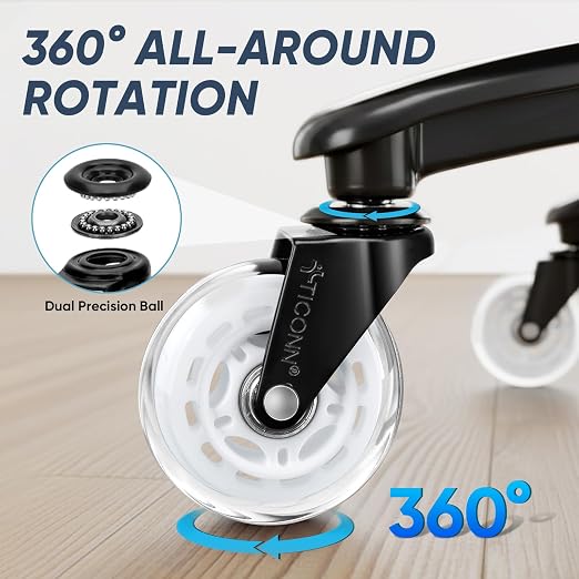 TICONN Office Chair Caster Wheels Set of 5 for Tile, Hardwood Floors and Carpets, Universal Fit for Most Chairs (White)