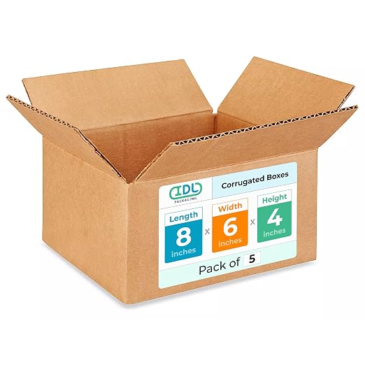 IDL Packaging - B-864-5 Small Corrugated Shipping Boxes 8"L x 6”W x 4"H (Pack of 5) - Excellent Choice of Sturdy Packing Boxes for USPS, UPS, FedEx Shipping