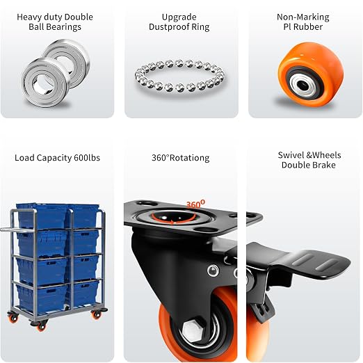 Caster Wheels- 2 Inch Casters Set of 4 Heavy Duty, TAYLOON Locking Industrial Casters with No Noise Polyurethane Wheels, Swivel Plate Casters for Furniture and Workbench - Set of 4 (Free Screws)