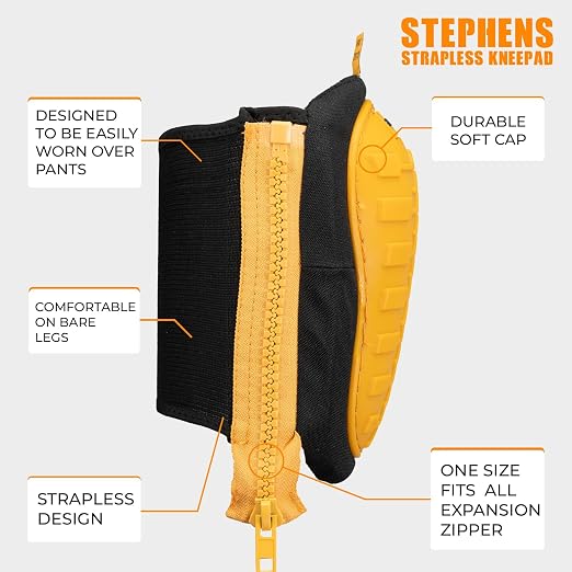 Stephens Strapless Knee Pads for Construction - Heavy Duty Soft Cap Design for Work | Safety Work Gear | Flooring | Roofing | Gardening | Personal Protective Equipment - Cushion Support for Kneeling - Non-Slip Strapless Knee Pad - Eliminate Knee Pain -...