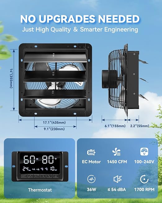 14" Wall Mounted Shutter Exhaust Fan with Thermostat - Temperature Humidity Controller, EC Motor, Aluminum Auto Shutter Ventilation Fan, Attic Vent Fan, Coops, Greenhouse, Barn, Shed Ventilator
