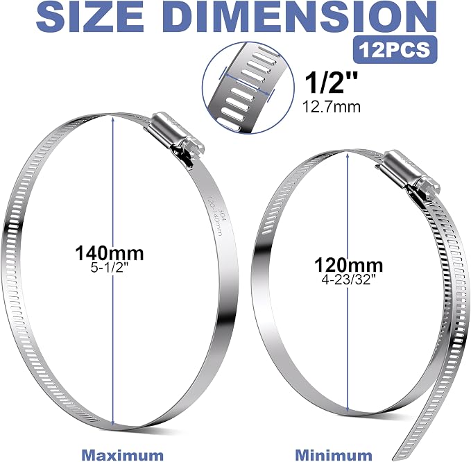 12Pack 5 inch Hose Clamps,Stainless Steel Large Hose Clamp Adjustable from 4-23/32"-5-1/2"/120-140mm,Metal Worm Gear Duct Clamp for Dryer Vent Hose,Fuel Line,Plumbing,Automotive,Exhaust,Radiator