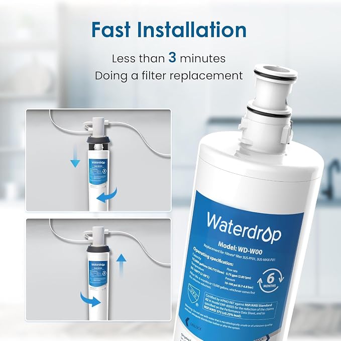 Waterdrop 3US-MAX-F01 3US-PF01 Under Sink Water Filter, Replacement for Filtrete® 3US-PF01, 3US-PS01, Maximum 3US-MAX-S01, Aqua-Pure C-Cyst-FF, Manitowoc K-00337 K-00338, NSF/ANSI 42 Certified, 2 Pack