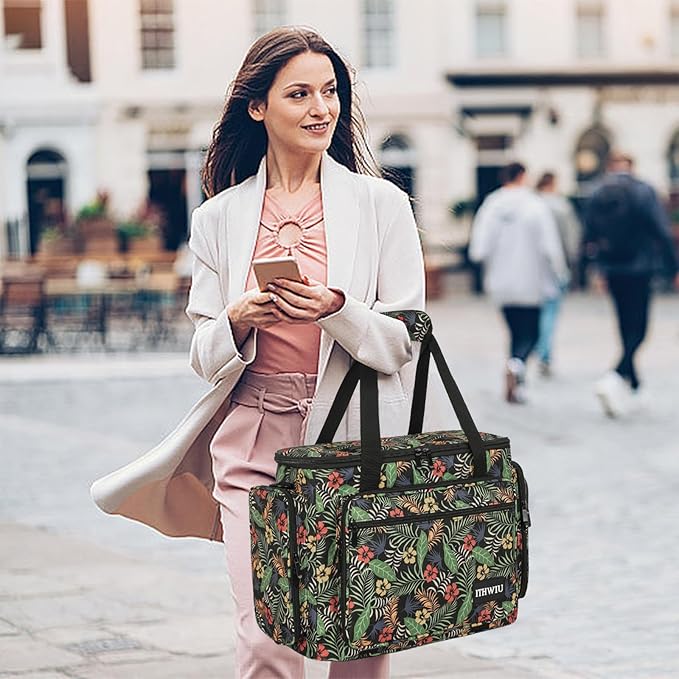 Sewing Machine Case with Wheels, Universal Rolling Trolley Tote with Shoulder Strap & Multiple Storage Pockets Compatible with Most Standard Singer, Brother, Janome, Floral
