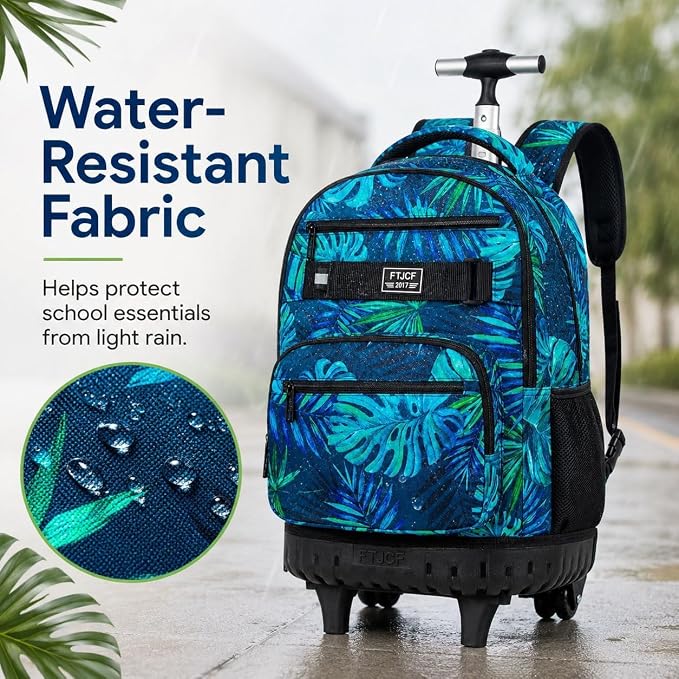 3Pcs Rolling Backpack for Boys Men, Travel Roller Backpacks with Wheels for Adults, Teens College Leaf Wheeled Bookbag with Lunch Box(Green)