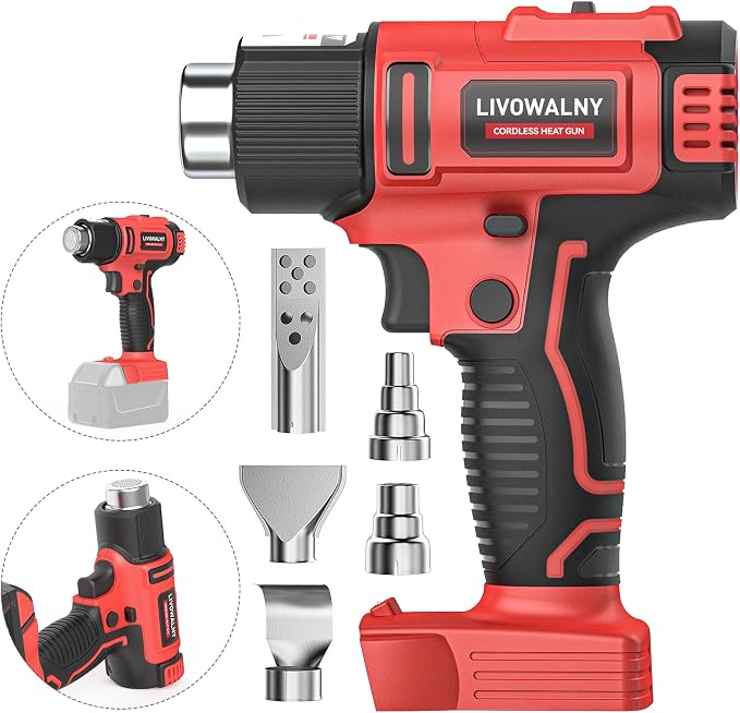 LIVOWALNY Cordless Heat Gun Compatible with Milwaukee 18V Battery (Tool Only), 350W Hot Air Gun I: 300℃（572°F),II: 550℃（1022°F) Dual Temperature Control Battery Powered Heat Gun Kit for Shrink Tubing