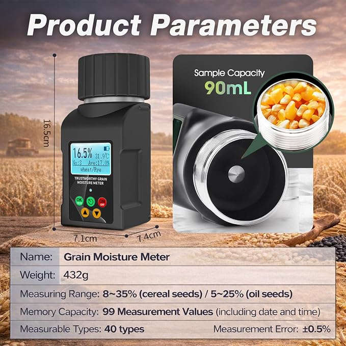BTMETER Grain Moisture Tester, High Precision Digital Moisture Meter for 40+ Grains Including Wheat, Corn, Coffee Beans, Portable Cup-Type with Data Storage, for Farmers, Food Processors and Traders