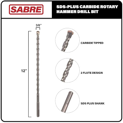 3/8 Inch x 12 Inch SDS Plus Rotary Hammer Drill Bit, Carbide Tipped for Brick, Stone, and Concrete Version 2 (3/8" x 10" x 12")