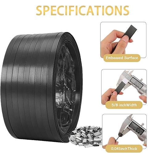 Heavy Duty PET Banding Strapping Kit, 1700ft x 5/8″ 925lbs Break Strength Industrial-Grade Black Polyester Plastic Packaging Strapping Roll with 200 Metal Seals for Pallets, Logistics, Warehouse