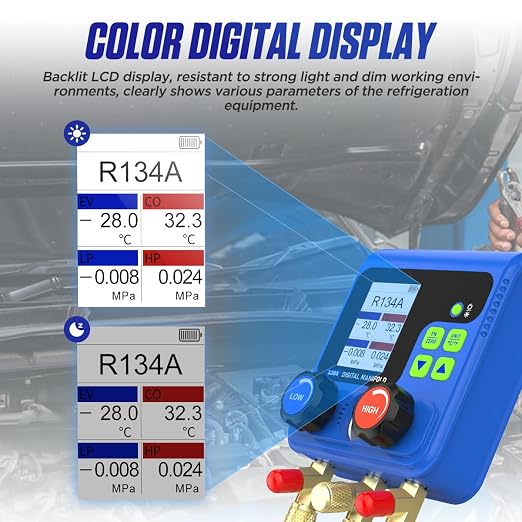 PLAYOCCAR HVAC Gauges 92 Refrigerant Digital Manifold Gauge Kits with TFT LCD, Dual Pressure Test for R134A R32 R410A R11 R12 R422 R600 Refrigerant Charging Kit Vacuum Air Conditioning Gauge