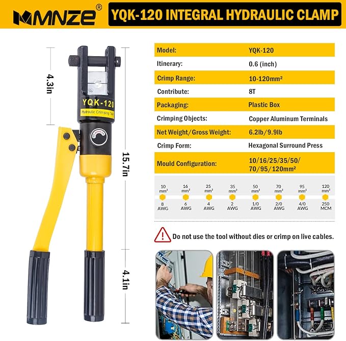 12 Ton Hydraulic Cable Lug Crimper Pliers 8 AWG to 250 MCM Hand Operated Hydraulic Crimping Tool Kit Wire Terminal Lug Battery Crimping Crimper with 8 Dies