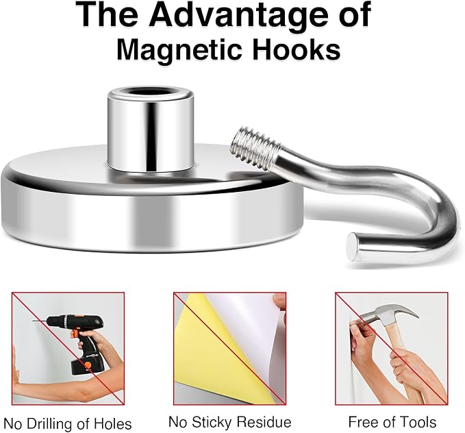 MIKEDE Magnetic Hooks Heavy Duty 170Lbs+ Super Strong Magnet Hook | Cruise Essentials Neodymium Earth Magnets with Hook for Hanging Magnetic Hanger for Fridge Toolbox Storage - 4 Pack