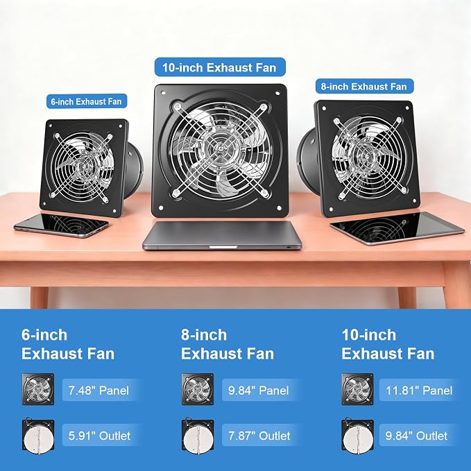 10-inch wall-mounted kitchen metal exhaust fan with switch, 382-576CFM, portable installation, with return air valve, suitable for attic, garage, bathroom, office, basement ventilation,Black