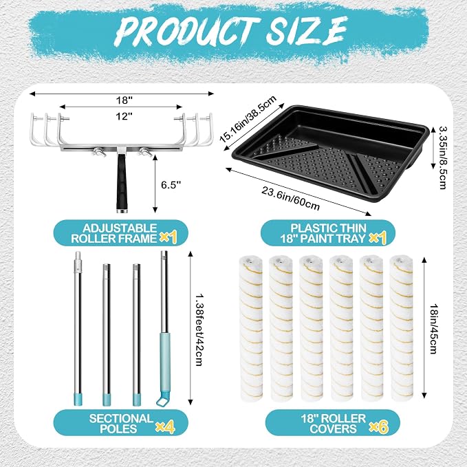 Zhanmai 12 Pcs Professional Paint Roller Kit with 23'' Tray for Large Area, Includes 6 18" Microfiber Rollers, 12-18" Adjustable Frame, 1-5ft Extension Pole for Wall, Ceiling, Garage(Classic,Yellow)